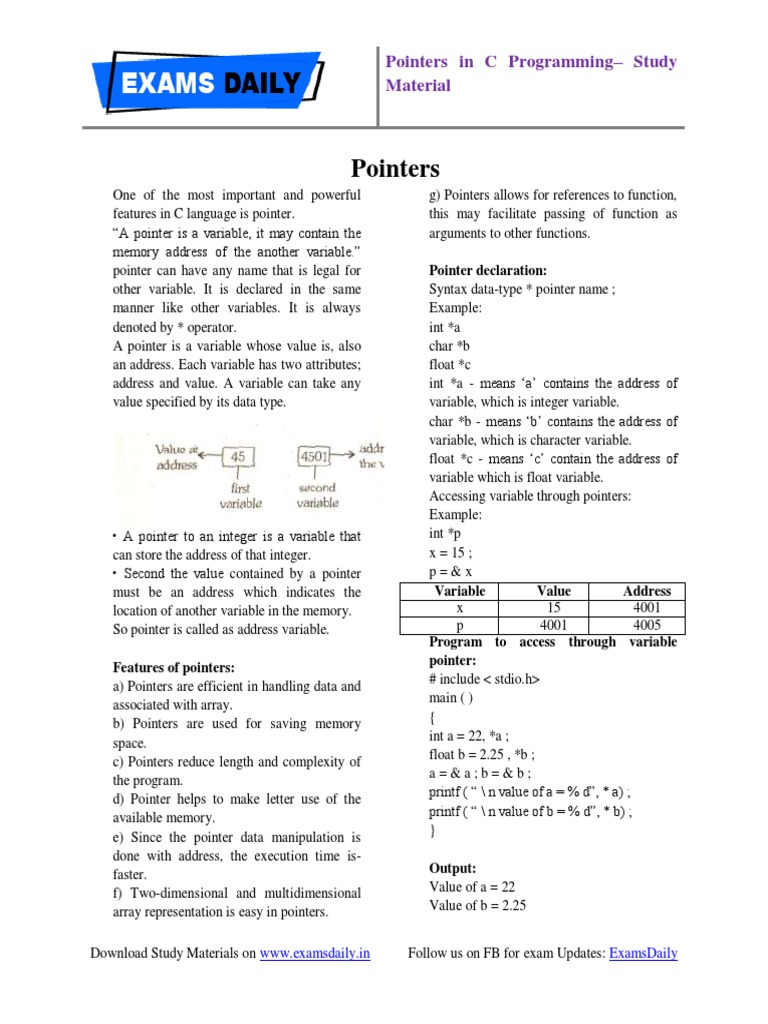Pointers in C Programming Study Material | PDF | Pointer (Computer ...
