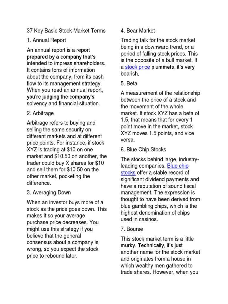37 Key Basic Stock Market Terms PDF Stock Market Stocks