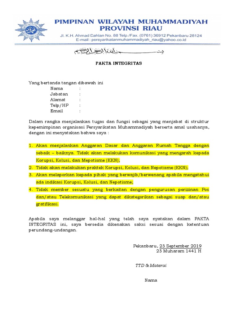 Surat Pakta Integritas Muhammadiyah Riau 2019