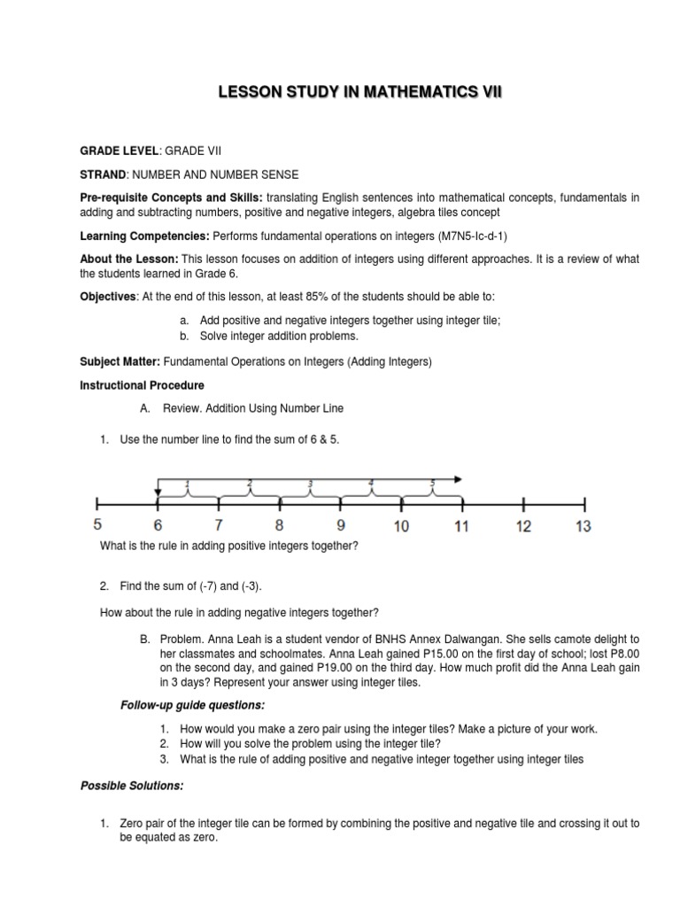 Adding Integers with Tiles Lesson Plan | PDF | Numbers | Integer
