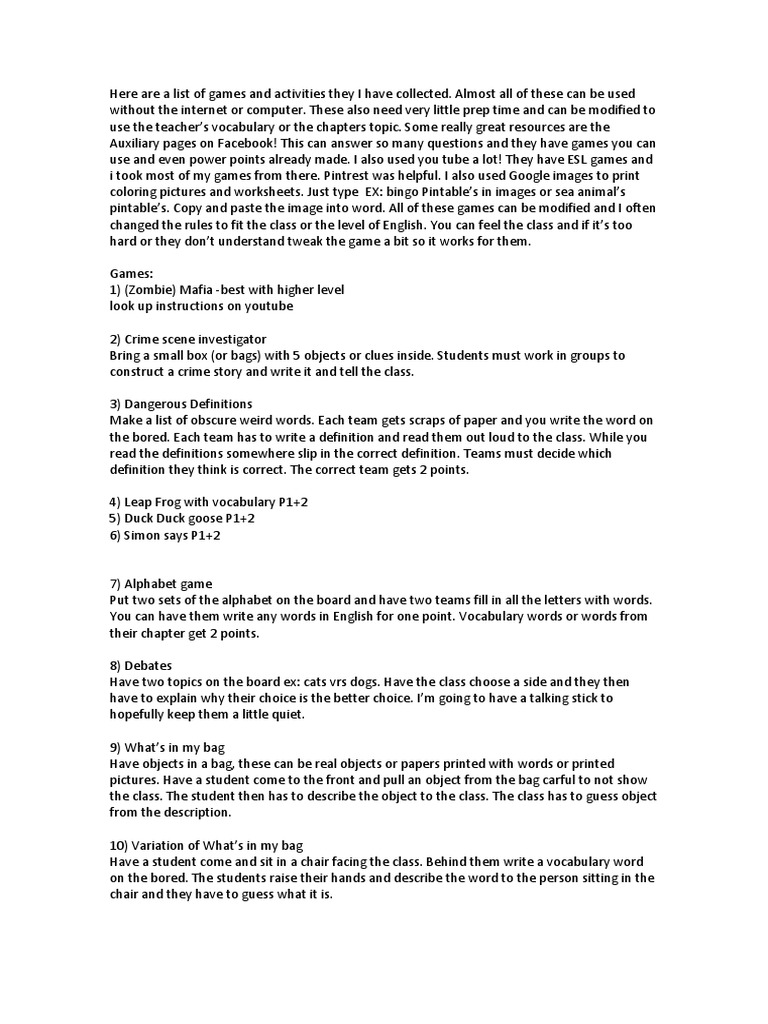 English Classroom Activities and Games List | PDF | English Language ...