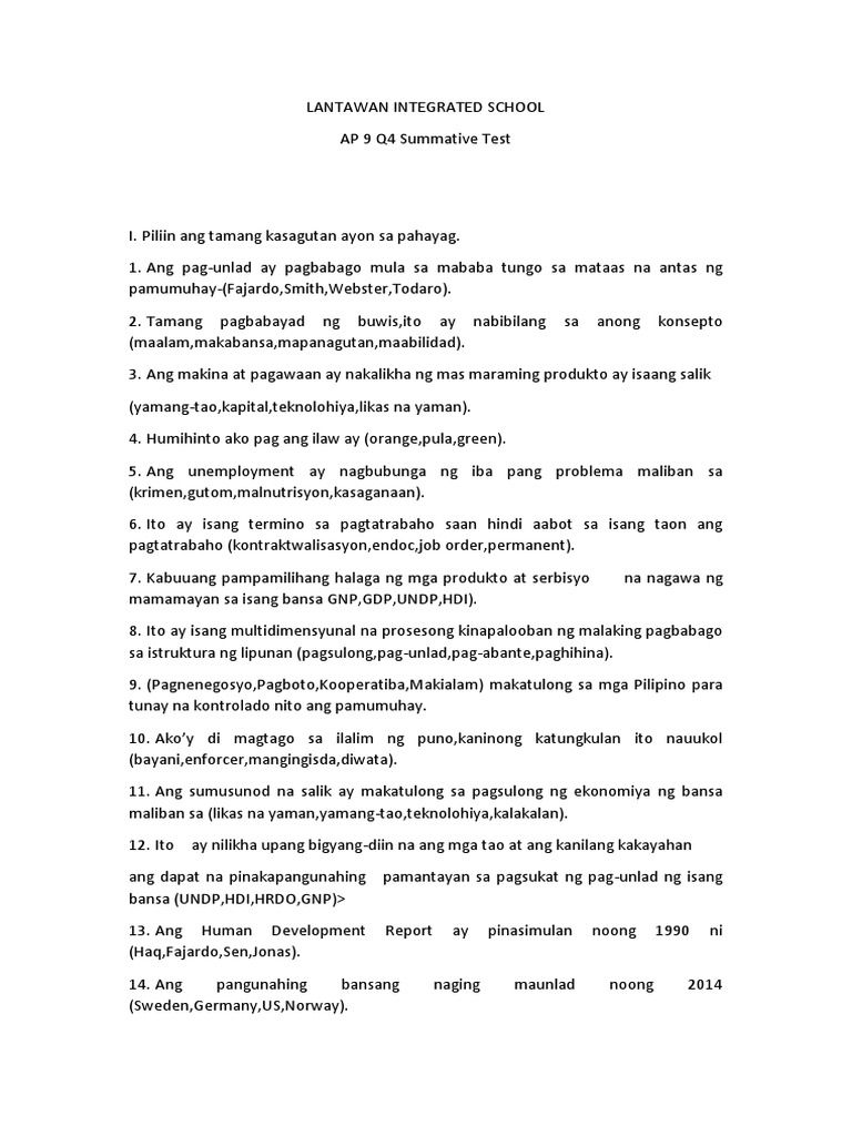 AP 9 Summative Test Q4 | PDF