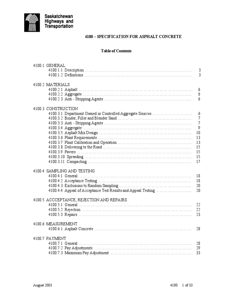 Specification For Asphalt Concrete PDF | PDF | Road Surface ...