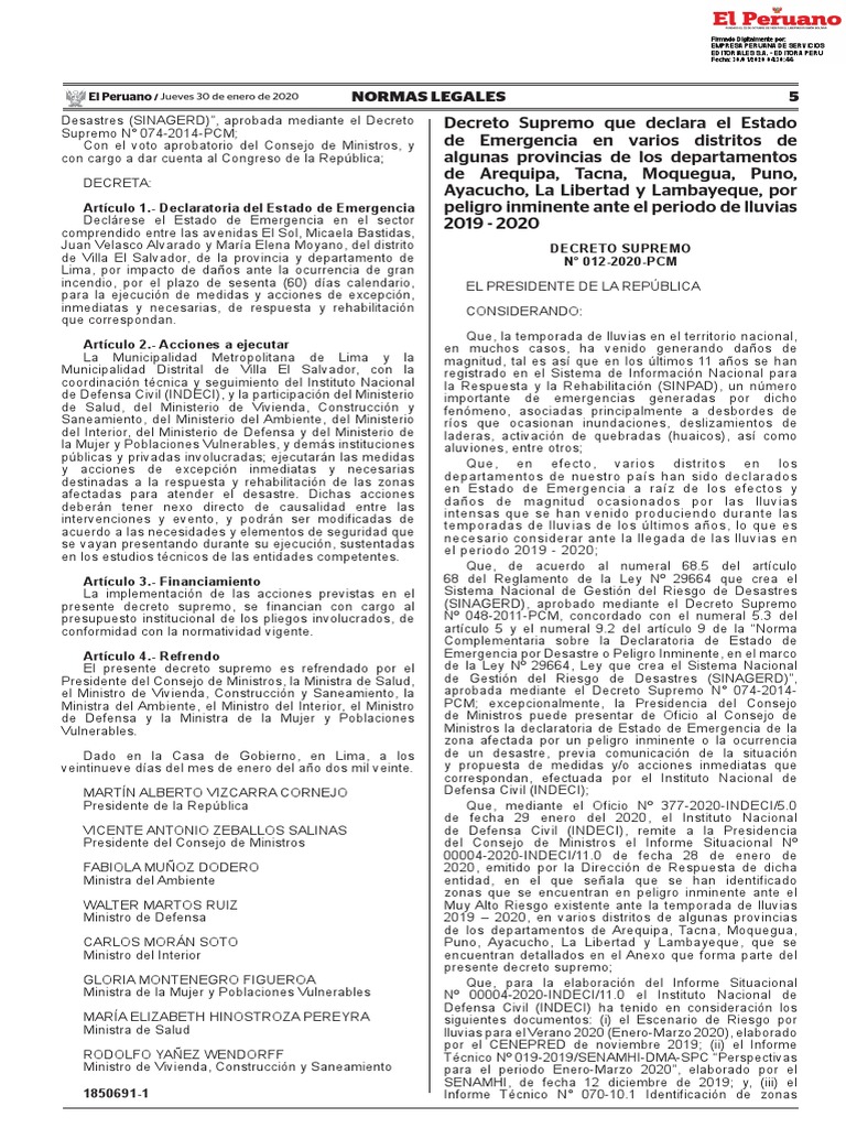 Decreto Supremo Que Declara El Estado de Emergencia en Vario Decreto ...