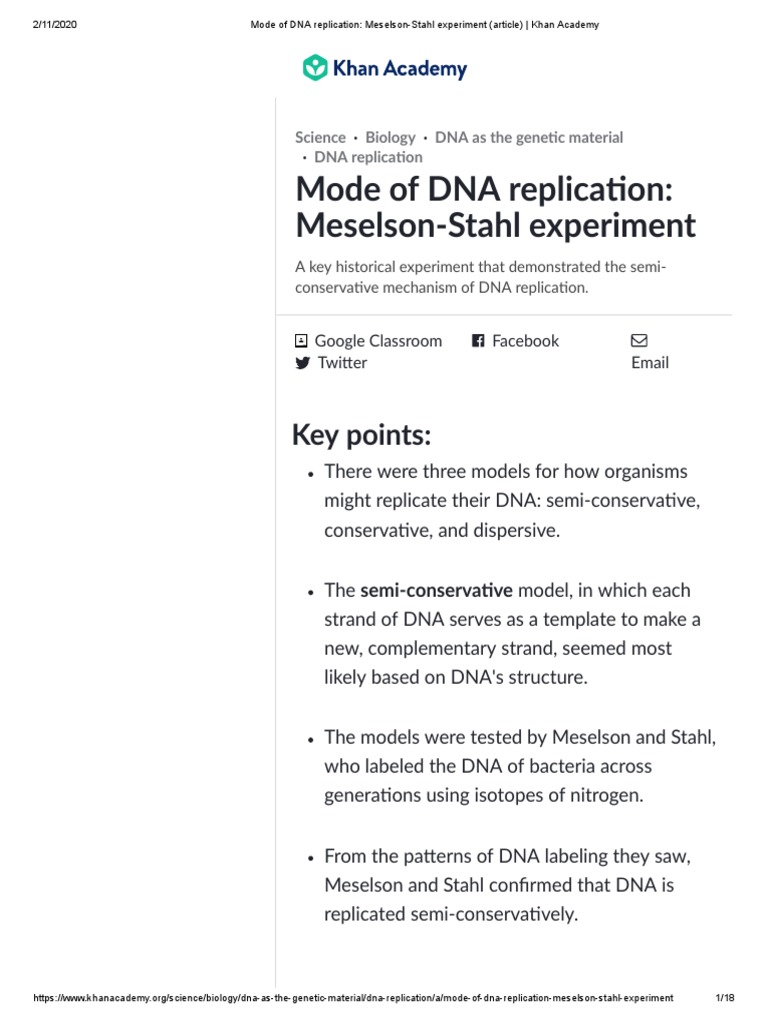 Mode of DNA Replication MeselsonStahl Experiment (Article) Khan