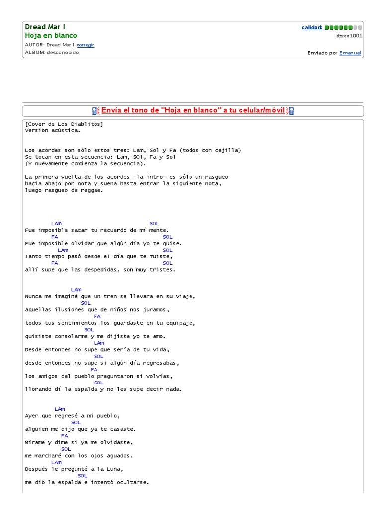 Dread Mar I, Hoja en Blanco Letra y Acordes Descargar gratis PDF