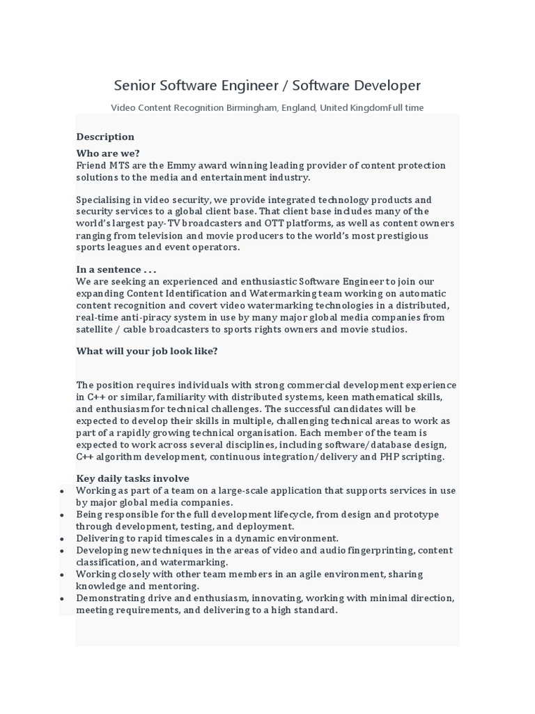 Senior Software Engineer at Friend MTS | PDF | Software Development ...