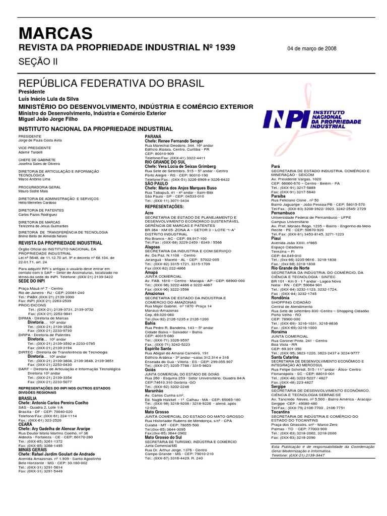 Lista de Contatos dos Escritórios Regionais do Instituto Nacional da  Propriedade Industrial no Brasil