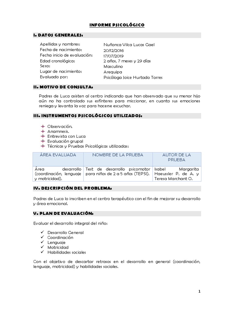 Informe de Evaluación Psicológica Infantil | PDF | Las emociones ...