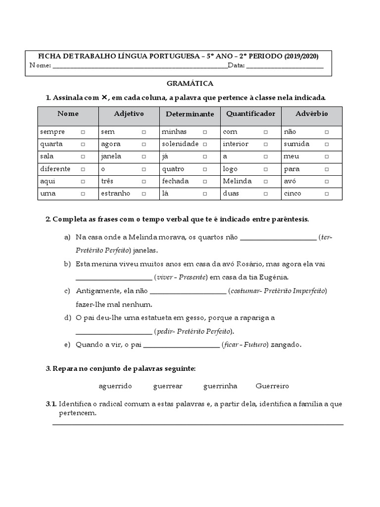 Fichas de Gramática para 5º Ano | PDF | Palavra | Gramática