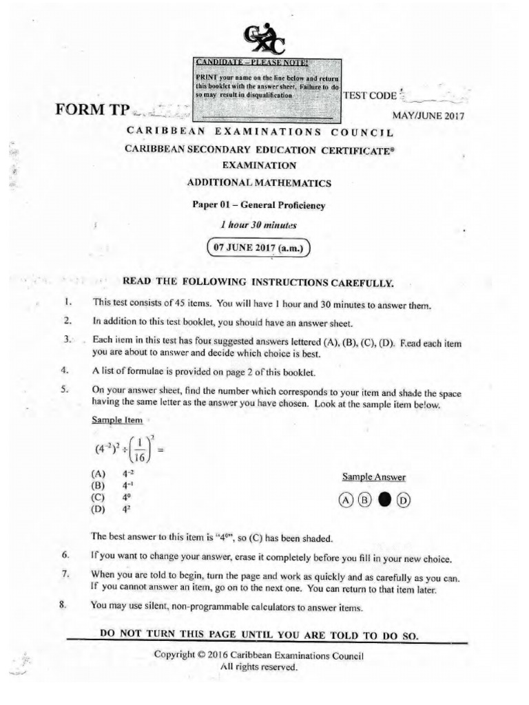 June 2017 CSEC Add Maths P1 PDF | PDF