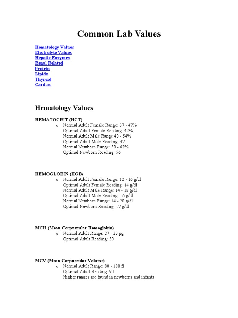 Common Lab Values | PDF | Thyroid Stimulating Hormone | Lactate ...