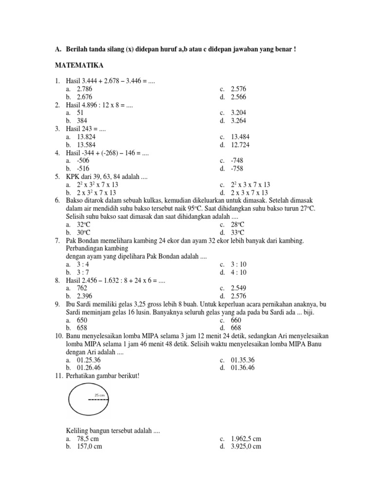 35 Contoh Soal Latihan Un Matematika Sd Kunci Jawaban Paket A