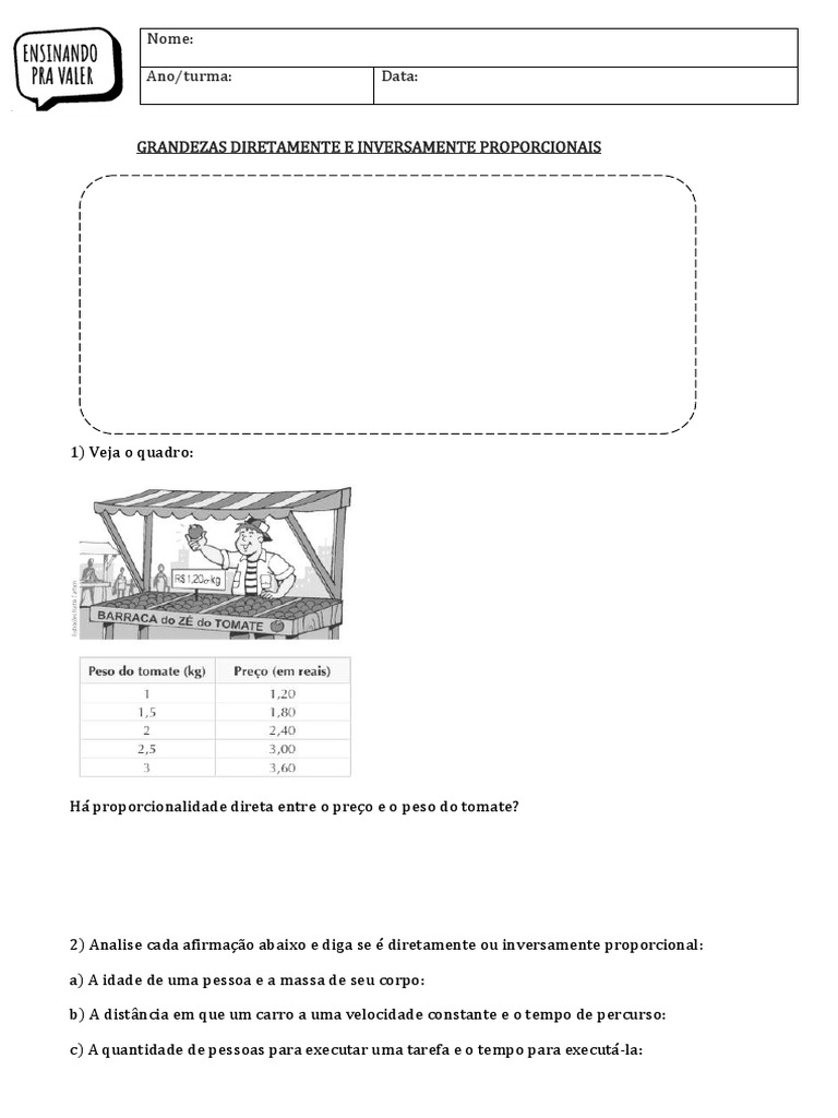 7o Ano - Exercício - GRANDEZAS DIRETAMENTE E INVERSAMENTE PROPORCIONAIS ...