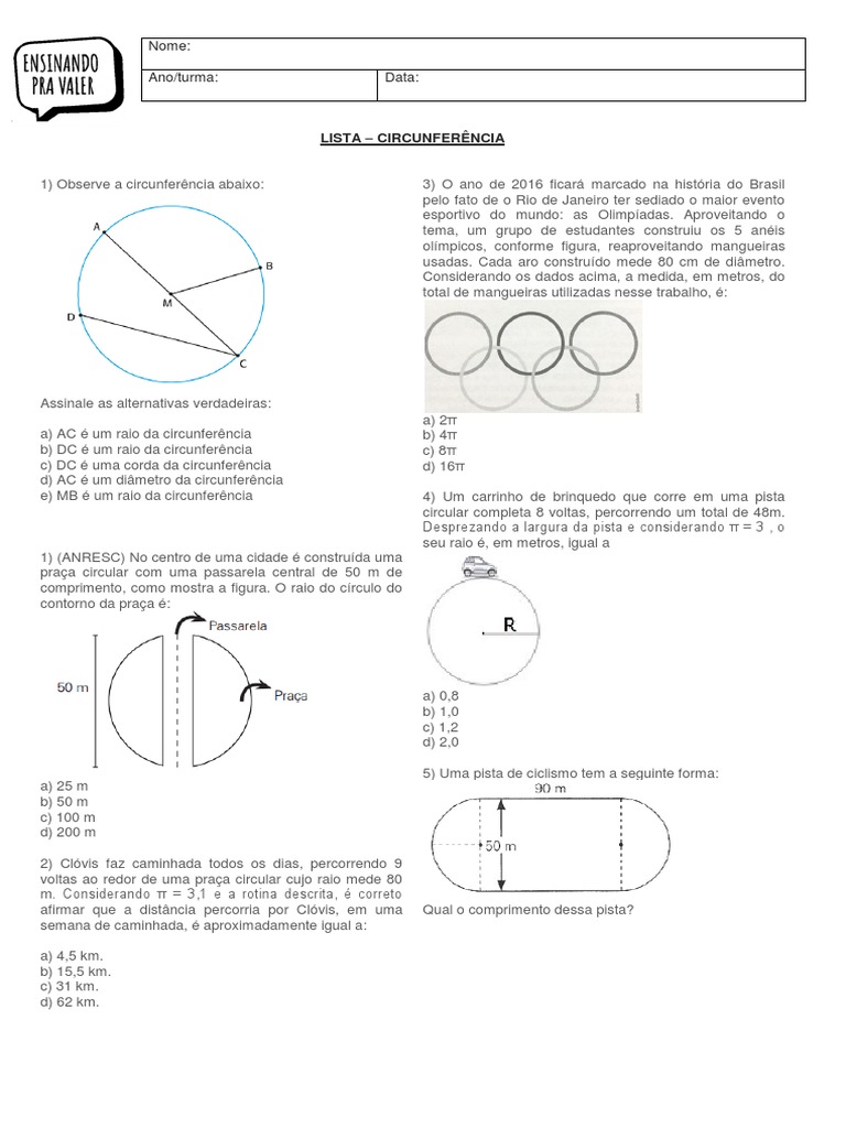8o Ano - Exercício - CIRCUNFERENCIA LISTA 03 | PDF | Metro | Círculo