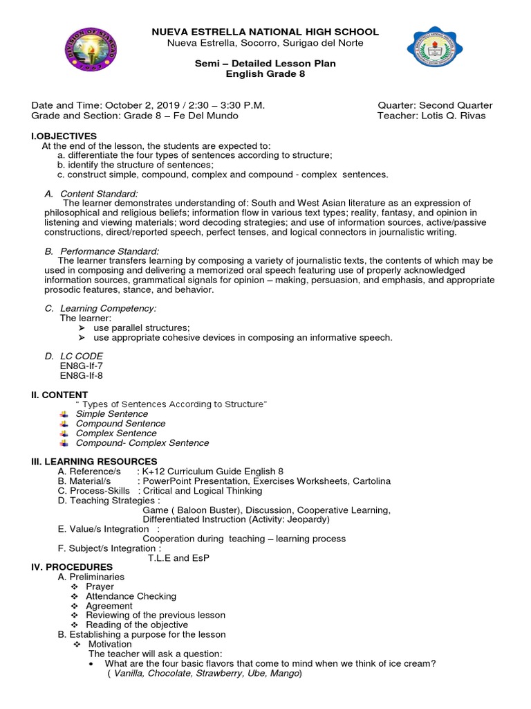 Lesson Plan (Types of Sentence Structure) For COT PDF Cognition