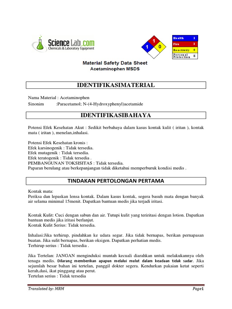 MSDS Acetaminophen Atau Paracetamol Powder PDF