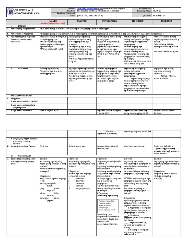 Grade 5 DLL FILIPINO 5 Q1 Week 2 | PDF