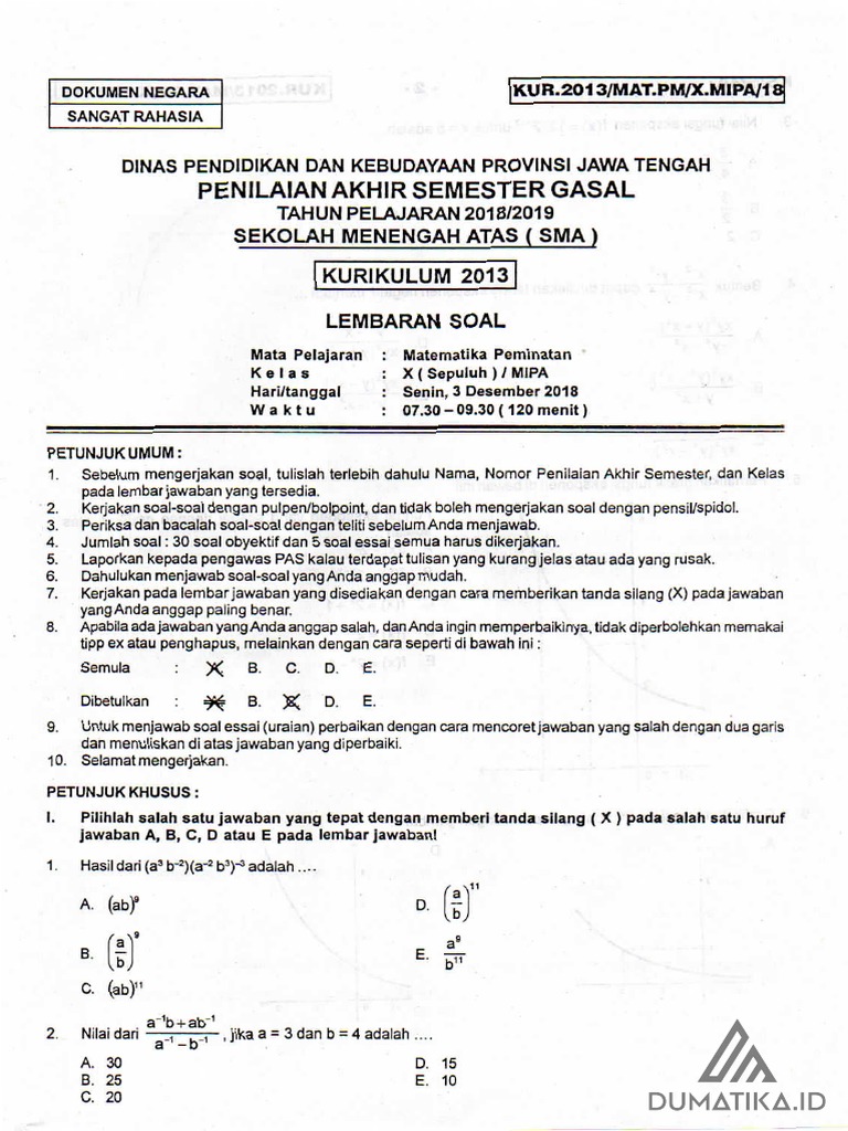 Soal Pas Matematika Peminatan Kelas X Tahun 2019 2020 Pdf Pdf