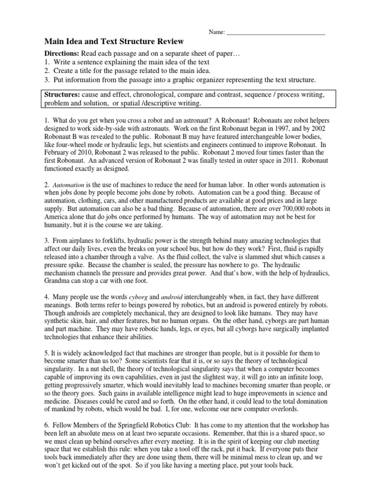 Main Idea and Text Structure 2 PDF | PDF | Cyborg | Android (Robot)