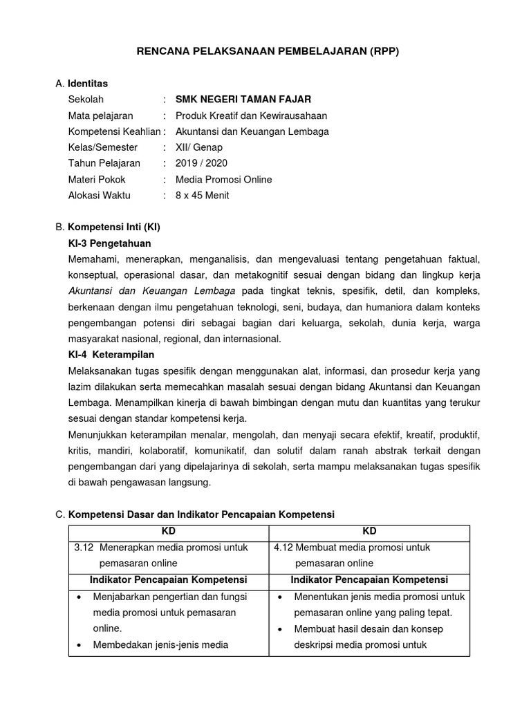 RPP Media Promosi Online SMK 2019 | PDF | Karier & Perkembangan | Bisnis
