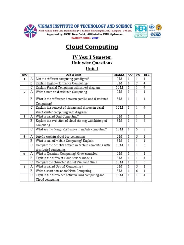 Unit-wise Questions on Cloud Computing | PDF