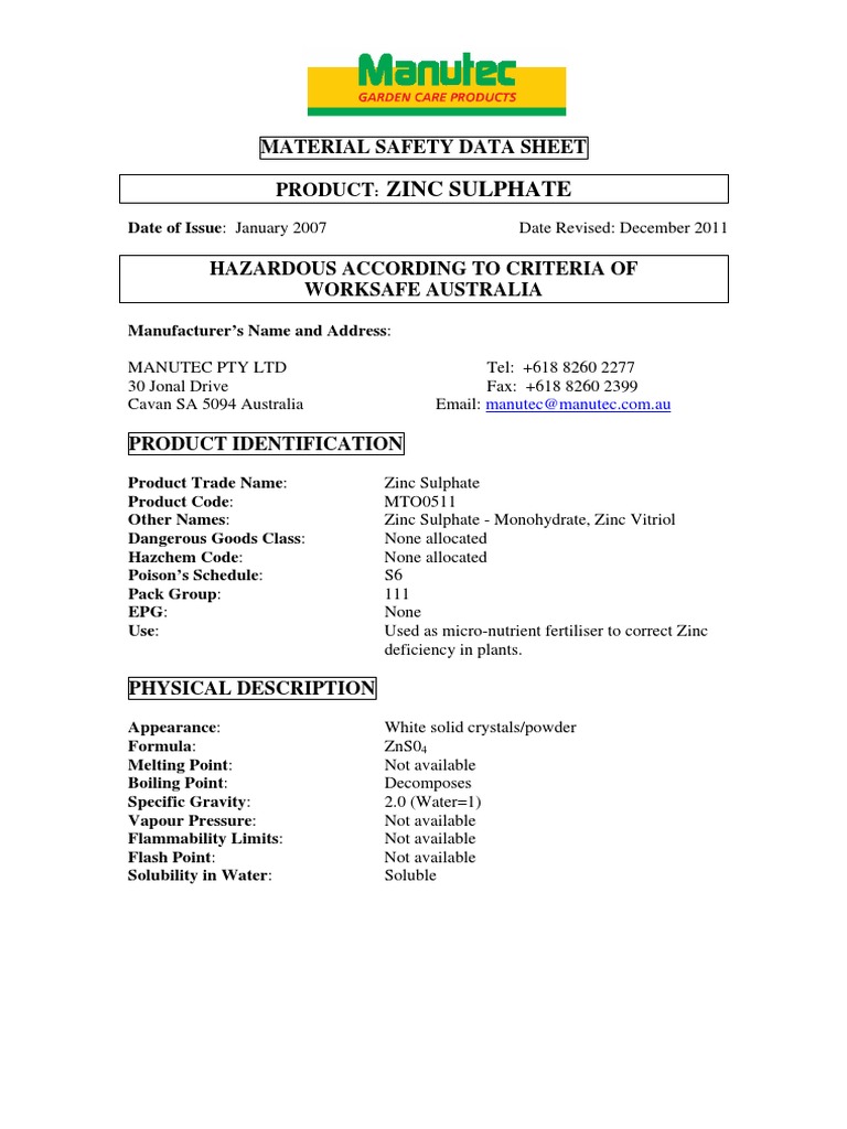 Zinc Sulphate MSDS PDF