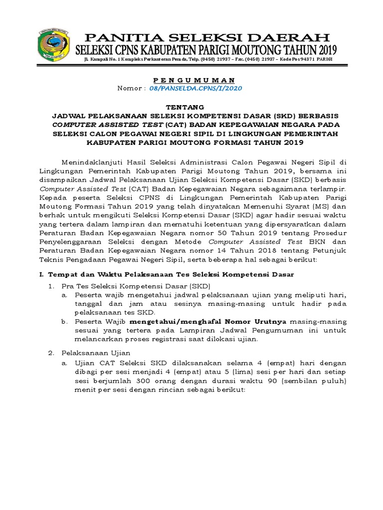 Pengumuman Pelaksanaan Skd Berbasis Cat Bkn Pada Seleksi Cpns Kabupaten Parigi Moutong Tahun 2019 Pdf