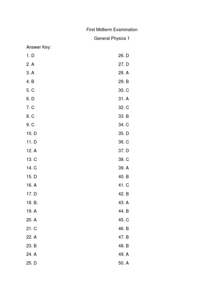 Physics 1 Midterm Exam Answer Key | PDF