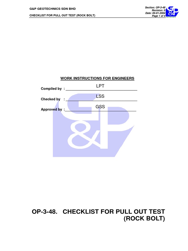 Rock Bolt Pull Out Test Checklist | PDF