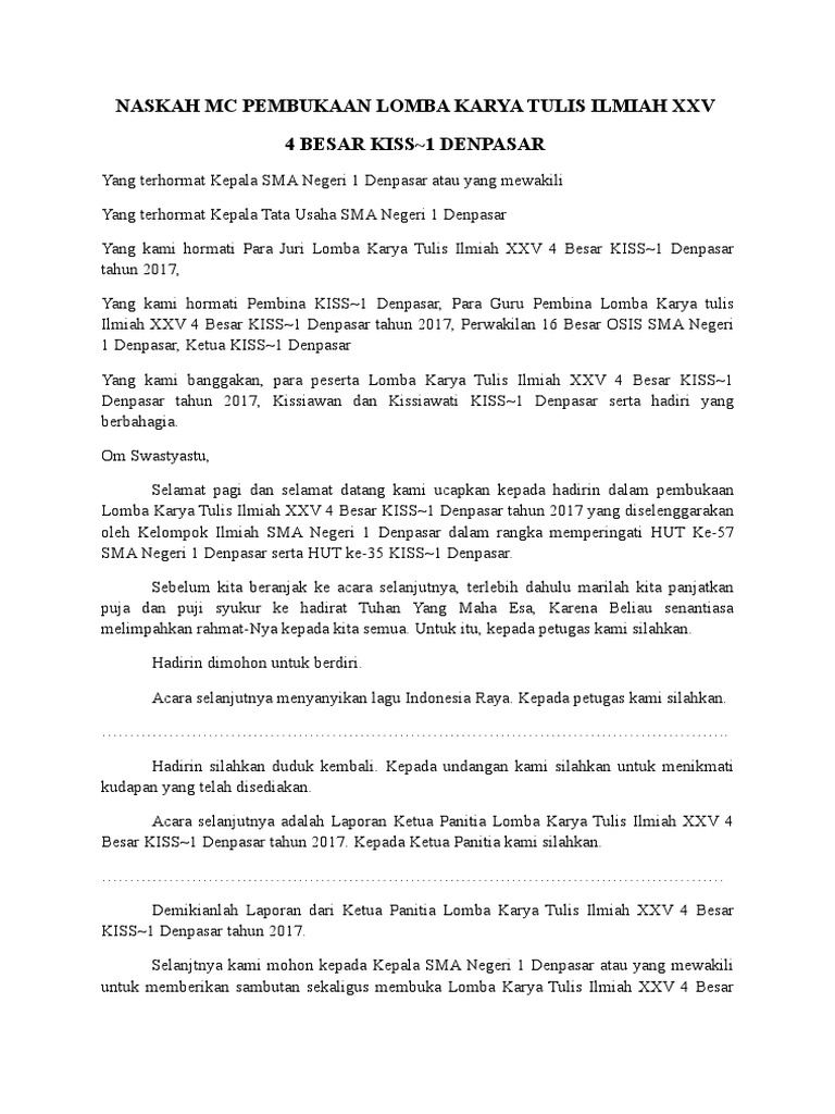 Naskah Mc Pembukaan Lomba Karya Tulis Ilmiah Xxv