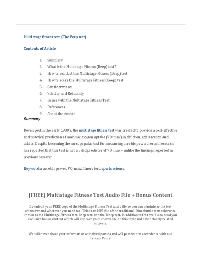 Multi Stage Fitness Test. The Beep Test. PDF Validity (Statistics)