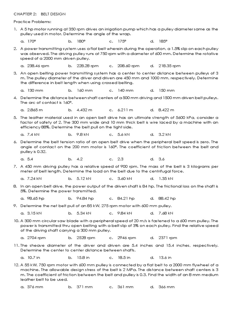 Belt Drives Practice Problems PDF Belt (Mechanical) Machines