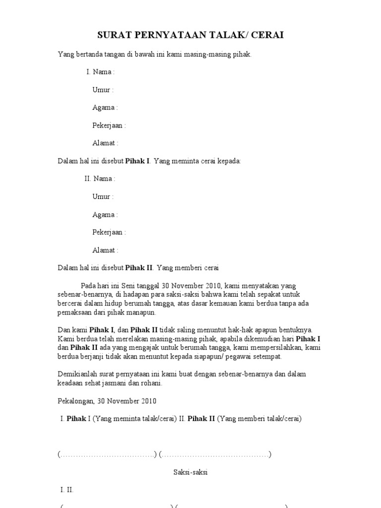 Surat Pernyataan Talak Surat Pernyataan Talak Rukun Tangga RT005 05 Kelurahan Pondok Jaya.