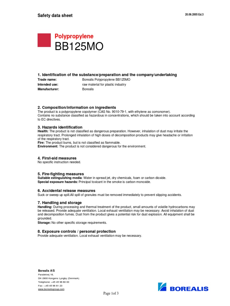 Safety Data Sheet: Polypropylene BB125MO | PDF | Self-Improvement ...