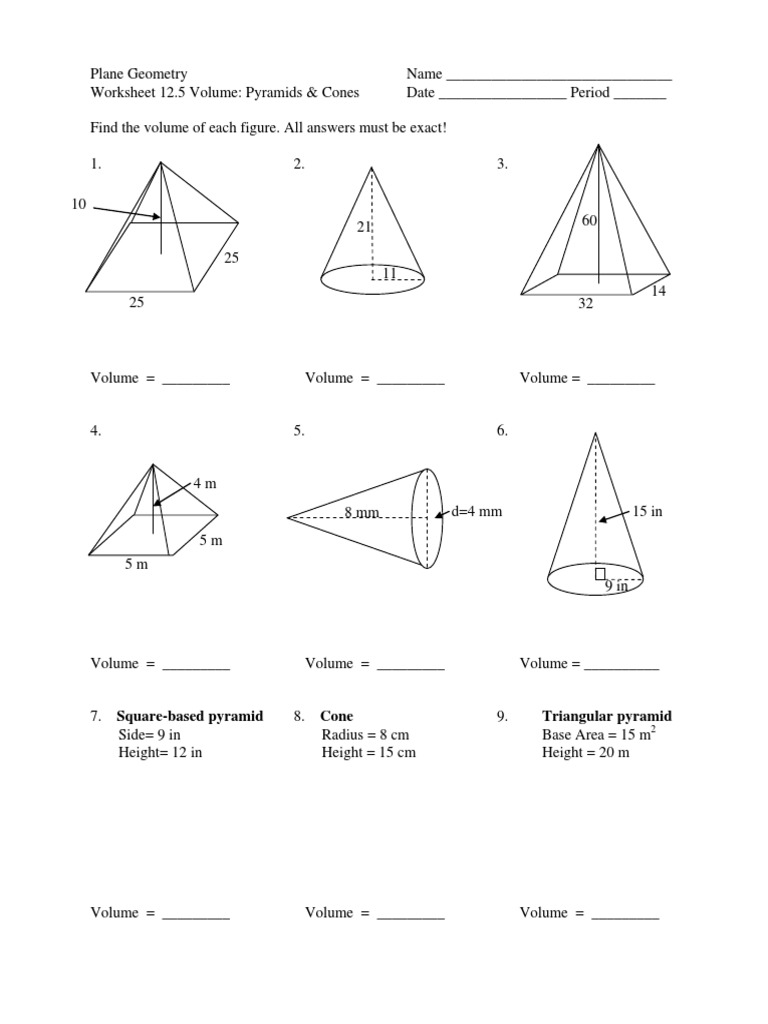 Volume of Cones and Pyramids Worksheet PDF