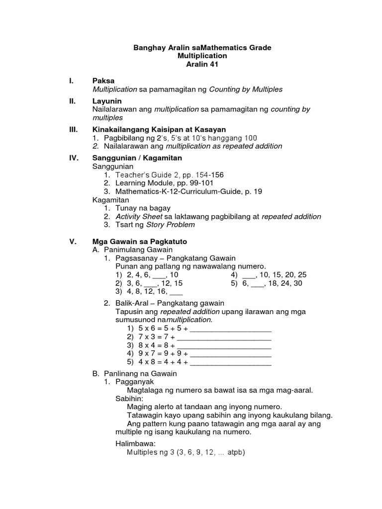 Banghay Aralin Mathematics Grade 2 Aralin 41 Multiplication Sa ...
