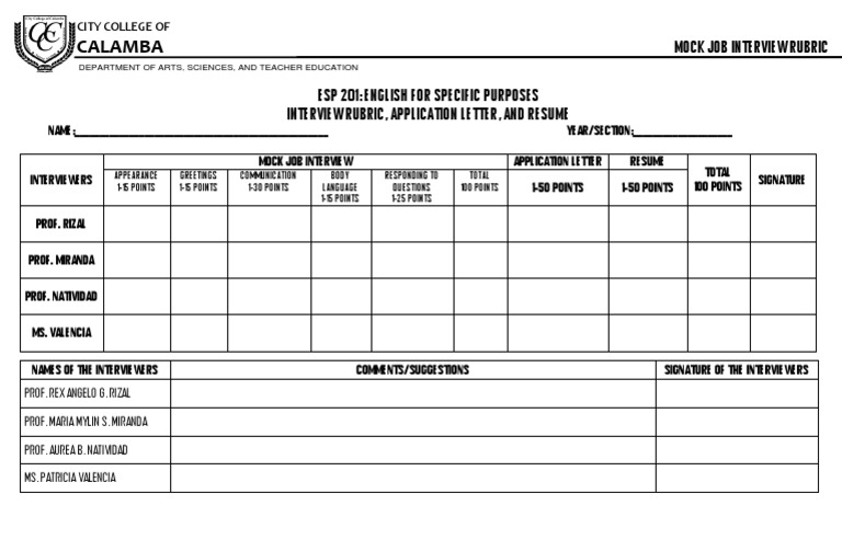 Mock Job Interview Rubric Guide | PDF