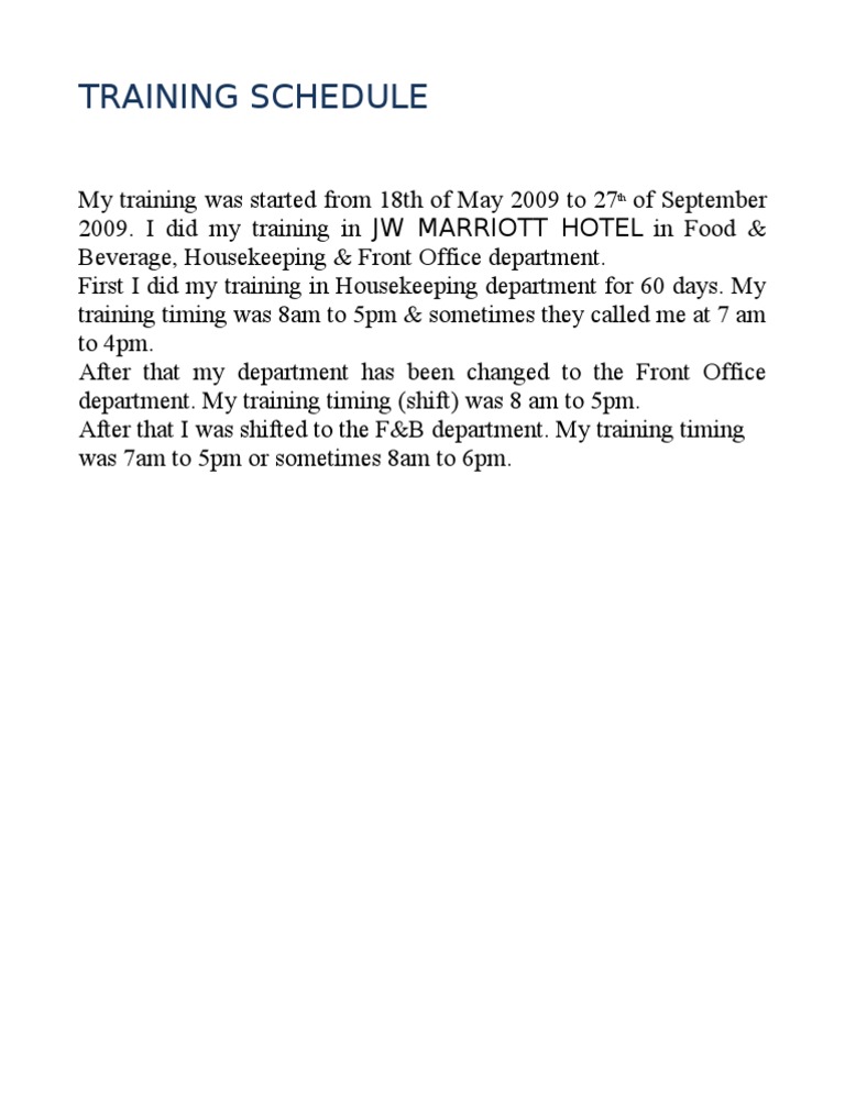 JW Marriott Hotel Training Schedule | PDF