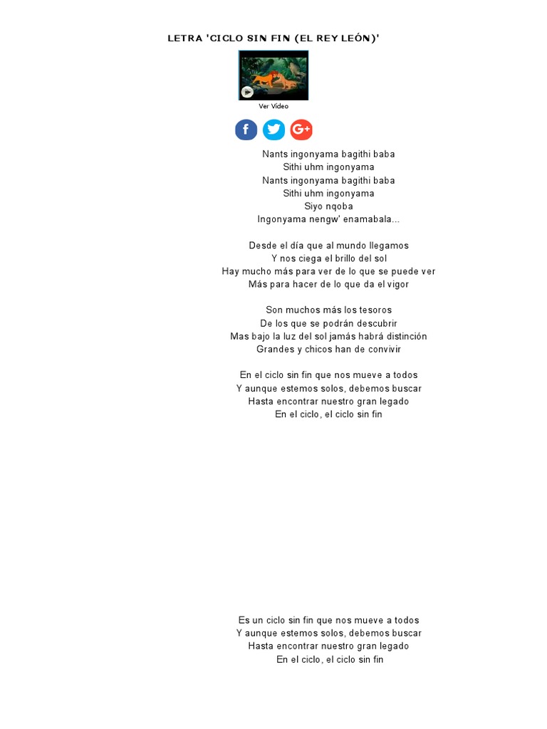 El Ciclo Sin Fin Rey Leon Letra Letra de Ciclo Sin Fin (El Rey León) de Disney - MUSICA | PDF