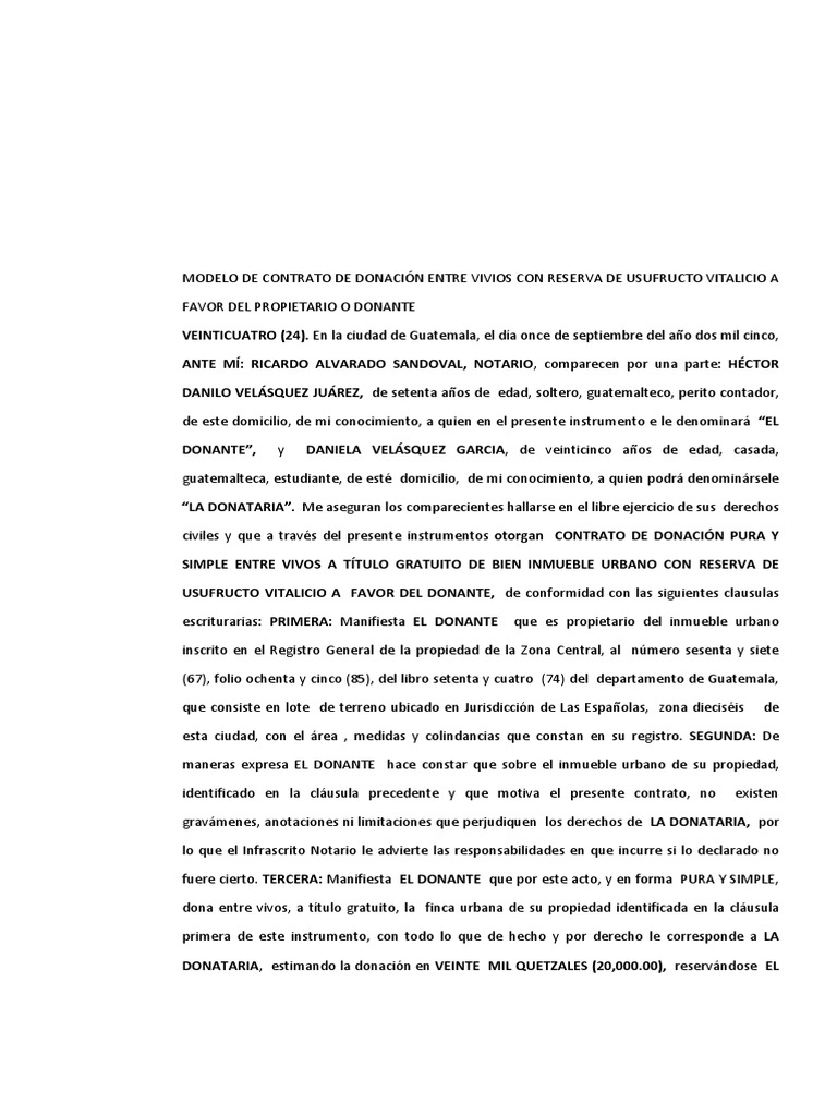 Modelo de Contrato de Donación Entre Vivios Con Reserva de Usufructo Vitalicio A Favor Del