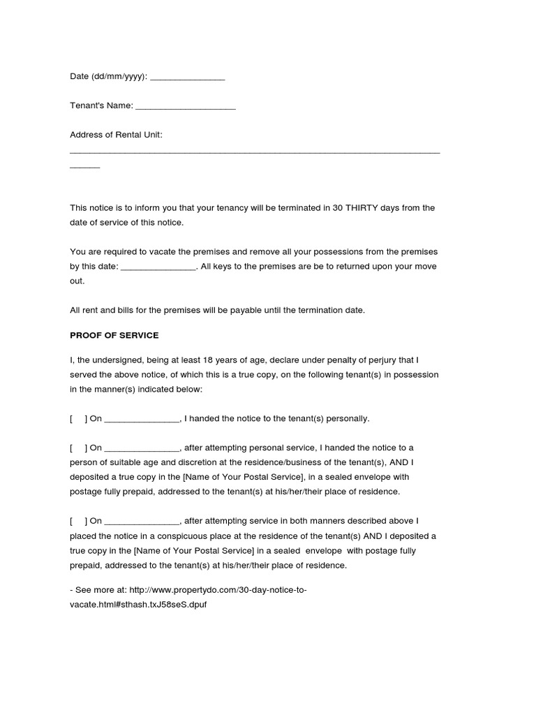 30 Day Notice To Vacate Template | PDF