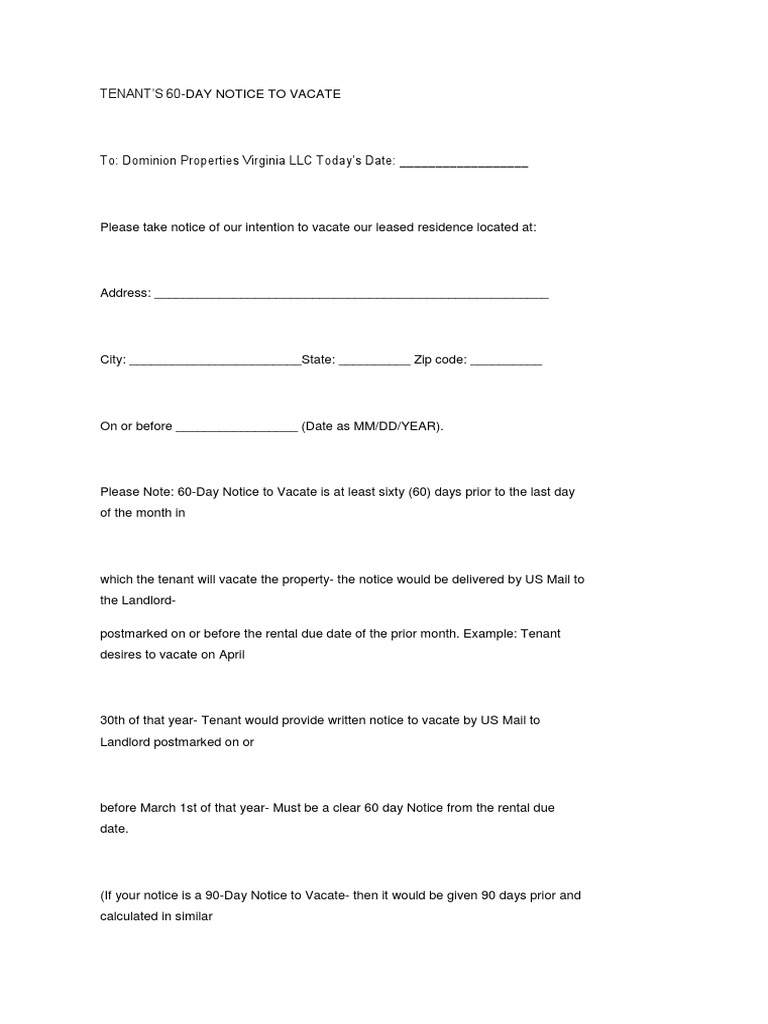 60 Day Notice To Vacate | PDF, image size:768x1024