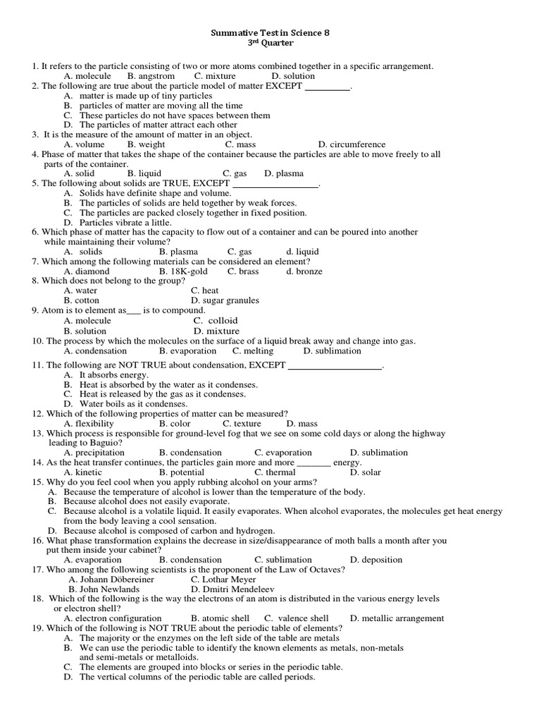 Summative Test in Science 8.3rd Quarter PDF