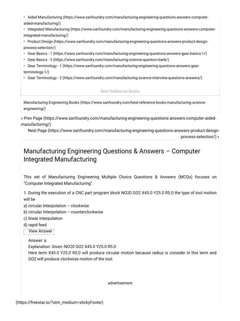 Computer Integrated Manufacturing Questions And Answers Sanfoundry Numerical Control Technology Engineering