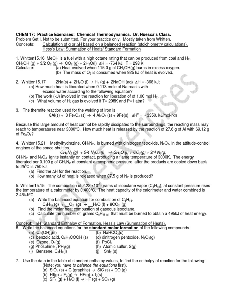 Chemical Thermodynamics Practice Problems | PDF | Gases | Combustion