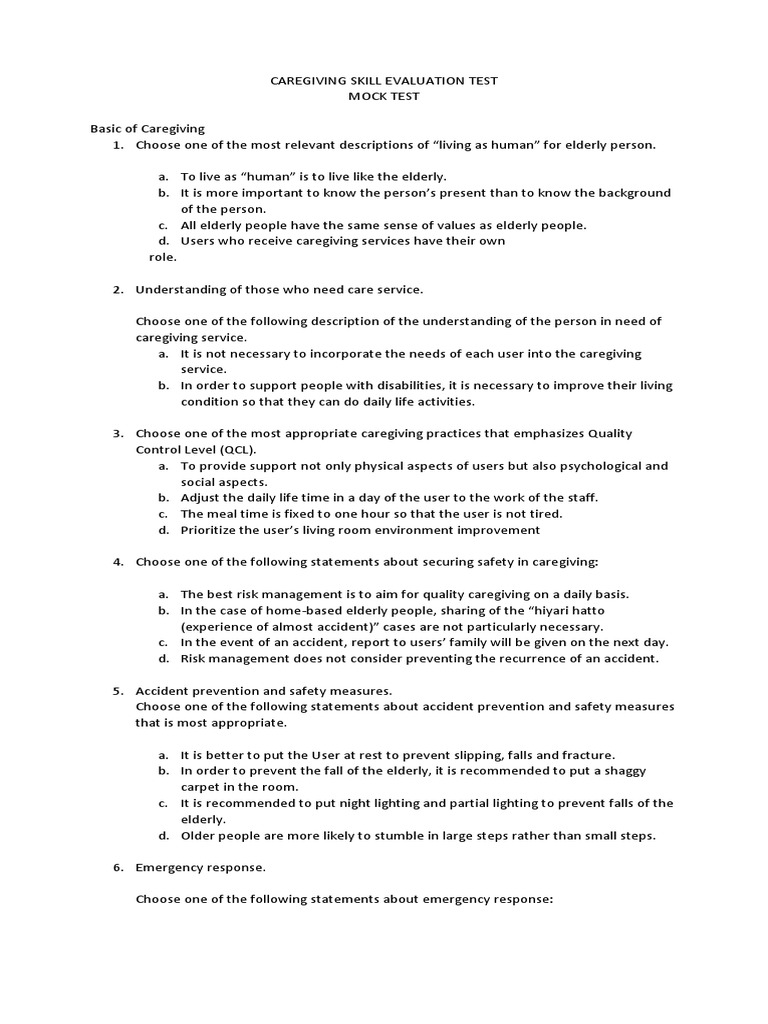 Caregiving Skill Evaluation Test | Download Free PDF | Caregiver | Wheelchair