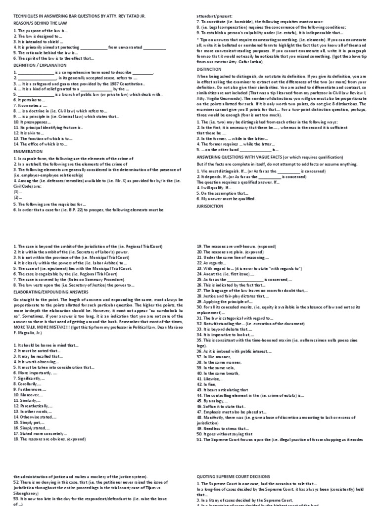Bar Exam Answering Techniques Guide | PDF | Supreme Courts | Test ...
