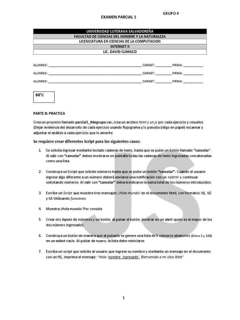 Examen Parcial: Scripts en JavaScript | PDF | Script Java | Desarrollo ...