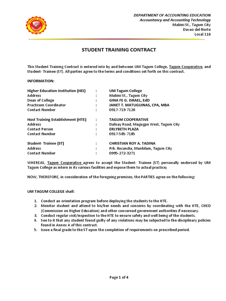 Student Training Contract for Accounting | PDF